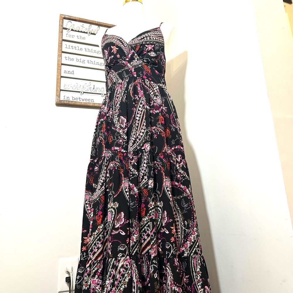 WHBM Tiered Maxi Dress Sleeveless Black Roses & Vines V-Neck Spaghetti Straps S - Picture 1 of 14